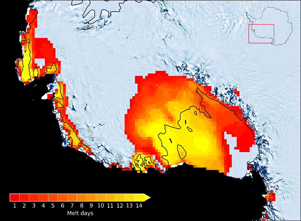 Количество дней в январе 2016, когда фиксировалось таяние ледников Западной Антарктиды