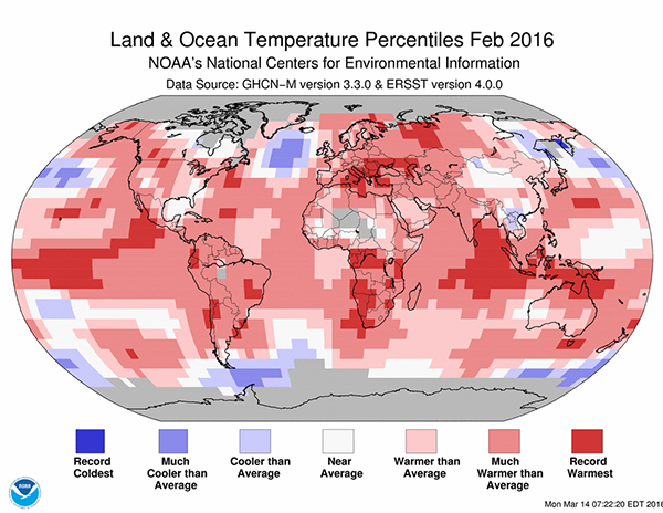 Температура в разных регионах Земли в феврале 2016 года