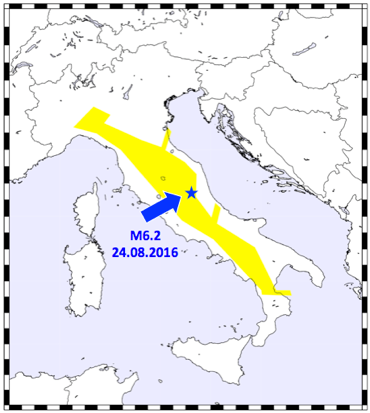 Центральный регион Италии, предупрежденный о землетрясении M>= 5.6, начиная с ноября 2012