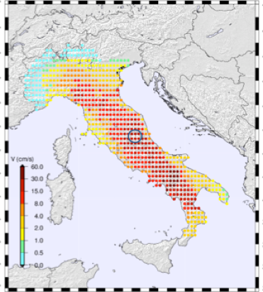 Прогноз подземных толчков в Италии в зависимости от времени, где V — пиковая скорость грунта