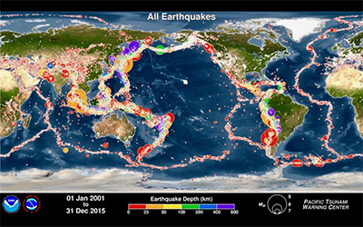 Карта всех землетрясений с 2001 по 2015 год.