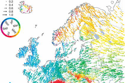 Время прохождения максимальной водности рек Европы (1960 — 2010)
