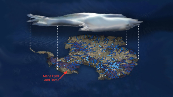 Иллюстрация текучей воды под антарктическим материковым ледниковым покровом