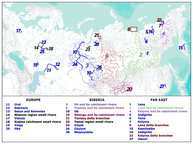 Участки рек, включенные в  базу данных.
