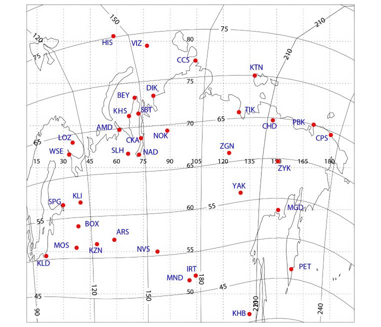 Расположение российских магнитных станций